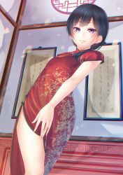 Rule 34 | 1girl, black hair, china dress, chinese clothes, chromatic aberration, dress, indoors, looking at viewer, noppi (noppi 98), original, purple eyes, short hair, side slit, smile, solo, standing