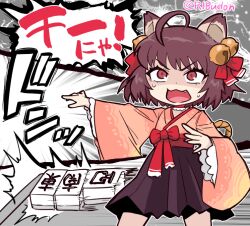 Rule 34 | 1girl, ahoge, animal ears, bow, brown eyes, brown hair, cat ears, cat girl, choker, commentary request, dark skin, fang, feet out of frame, flat chest, frilled sleeves, frills, grand blue, ichihime, japanese clothes, kimono, long sleeves, looking at viewer, mahjong, mahjong soul, mahjong table, mahjong tile, medium bangs, open mouth, parody, pink kimono, red bow, red choker, red sash, sash, shaded face, short hair, solo, standing, table, tonda, translation request, twitter username, v-shaped eyebrows, waist bow, wide sleeves, you&#039;re doing it wrong