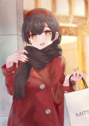Rule 34 | 1girl, :d, absurdres, bag, black hair, brown eyes, brown scarf, coat, commentary, double bun, hair bun, highres, kantai collection, long hair, looking at viewer, mitsukoshi (department store), om10, open mouth, red coat, scarf, shopping bag, smile, solo, un&#039;you (kancolle), upper body, yawata maru (kancolle)