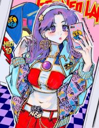 Rule 34 | 1girl, arcade cabinet, asamiya athena, belt, blush, brand name imitation, breasts, checkered floor, crop top, earrings, eyebrows hidden by hair, fingernails, hair intakes, hairband, hand in own hair, hands up, highres, holding, holding phone, jacket, jewelry, long hair, long sleeves, medium breasts, multicolored nails, nail polish, navel, open clothes, open jacket, outline, parted lips, phone, pink lips, pink nails, poririna, purple eyes, purple hair, purple nails, solo, star (symbol), the king of fighters, turtleneck, twitter username, unzipped, white belt, white hairband, white outline, zipper