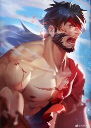 Rule 34 | 1boy, absurdres, bara, beard, black hair, blood, blood on face, character request, cloud, day, dungeon and fighter, facial hair, headband, highres, injury, large pectorals, long hair, male focus, muscular, muscular male, my eight, nipples, open mouth, outdoors, pectorals, ponytail, red headband, sky, solo, torn clothes, upper body, weibo watermark