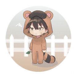Rule 34 | 1boy, alternate costume, animal costume, animal ears, animal hood, arm at side, black eyes, black hair, chibi, closed mouth, commentary, fence, full body, gradient background, hair between eyes, highres, holding, holding leaf, hood, hood up, kagerou project, kisaragi shintarou, koyon, leaf, looking at viewer, male focus, multicolored clothes, outdoors, raccoon ears, raccoon hood, raccoon tail, round image, shadow, short hair, solo, squiggle, standing, symbol-only commentary, tail, white background, wooden fence