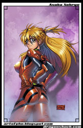 Rule 34 | 1girl, ass, blue eyes, blush, bodysuit, border, breasts, character name, covered erect nipples, cowboy shot, floating hair, from side, hair between eyes, hands on own hips, headgear, highres, light smile, long hair, looking at viewer, looking back, medium breasts, neon genesis evangelion, orange hair, peter huu nguyen, pilot suit, plugsuit, shiny clothes, sideboob, signature, smile, solo, souryuu asuka langley, turtleneck, twintails, two side up, watermark, web address