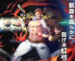 Rule 34 | 2boys, abs, bara, beard, belt, black hair, blue eyes, brown hair, command spell, commentary request, epaulettes, facial hair, fate/grand order, fate (series), fighting stance, fujimaru ritsuka (male), fujimaru ritsuka (male) (polar chaldea uniform), huge weapon, jacket, large pectorals, long sideburns, long sleeves, male focus, military, multiple boys, muscular, napoleon bonaparte (fate), open clothes, open jacket, pants, pectorals, scar, sideburns, smile, tearing clothes, teeth, torn clothes, uniform, waku (ayamix), weapon