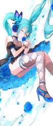 Rule 34 | 1girl, asymmetrical legwear, bare shoulders, black choker, black dress, blue flower, blue footwear, blue hair, blush, breasts, brooch, bug, butterfly, choker, cleavage, closed eyes, closed mouth, clothing cutout, covered collarbone, detached sleeves, dot nose, dress, facing ahead, flower, foot out of frame, from above, from below, hair between eyes, hatsune miku, headphones, high heels, highres, holding, holding flower, insect, jewelry, kneehighs, knees together feet apart, leg cutout, legs, long hair, lying, on side, rangu, ripples, see-through, short dress, short sleeves, sidelocks, simple background, single kneehigh, single sock, single thighhigh, sleeveless, sleeveless dress, small breasts, smile, socks, solo, thighhighs, thighlet, thighs, twintails, very long hair, vocaloid, water, watermark, white background