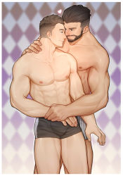 Rule 34 | 2boys, abs, absurdres, bara, beard, black hair, black male underwear, blush, boxer briefs, bulge, commission, couple, cropped legs, dungeon and fighter, eye contact, facial hair, holding hands, highres, interracial, light brown hair, looking at another, male focus, male priest (dungeon and fighter), male underwear, multiple boys, muscular, muscular male, nipples, original, pectorals, peterhl, short hair, smile, thighs, underwear, underwear only, yaoi