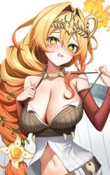 Rule 34 | 1girl, agibe, belt, blonde hair, breasts, bridal gauntlets, cleavage, cowboy shot, crop top, duel monster, elbow gloves, facial mark, fingernails, fire, gloves, green eyes, highres, large breasts, midriff, navel, open mouth, orange hair, ritual beast tamer lara, solo, spiritual beast tamer lara, strap pull, symbol-shaped pupils, yu-gi-oh!
