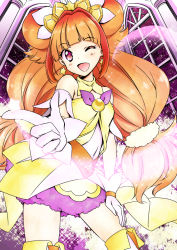 Rule 34 | 1girl, ;d, amanogawa kirara, brooch, brown hair, cure twinkle, earrings, gloves, go! princess precure, hand on leg, jewelry, long hair, low-tied long hair, magical girl, multicolored hair, naruse yasuhiro, one eye closed, open mouth, pointing, precure, purple eyes, quad tails, red hair, skirt, smile, solo, star (symbol), star earrings, star in eye, streaked hair, symbol in eye, thighhighs, twintails, two-tone hair, white gloves, zettai ryouiki