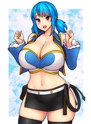 Rule 34 | 1girl, bare shoulders, black skirt, black thighhighs, blue hair, blush, border, breasts, cleavage, commentary, cosplay, cowboy shot, curvy, english commentary, erkaz, facing viewer, fairy tail, female focus, floral background, highres, huge breasts, looking at viewer, lucy heartfilia, lucy heartfilia (cosplay), microskirt, midriff, miniskirt, navel, open mouth, original, outside border, red eyes, rina atherina, side slit, skindentation, skirt, smile, solo, standing, thick thighs, thighhighs, thighs, twintails, whip, white border, zettai ryouiki