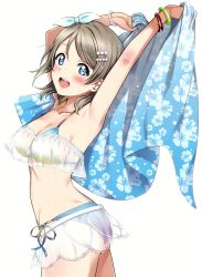 Rule 34 | 1girl, :d, absurdres, armpits, arms up, ass, bare shoulders, bikini, blue eyes, blush, bracelet, breasts, cleavage, floral print, grey hair, hair between eyes, hair ornament, hair ribbon, hairclip, highres, jewelry, looking at viewer, love live!, love live! school idol festival, love live! sunshine!!, medium breasts, open mouth, pearl bracelet, ribbon, sankuro (agoitei), scan, see-through, short hair, side-tie bikini bottom, simple background, smile, solo, stomach, swimsuit, watanabe you, white background