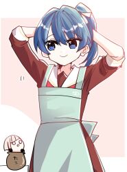 Rule 34 | 2girls, :o, apron, arms up, black gloves, blue eyes, blue hair, brown dress, chibi, closed mouth, commentary request, dark blue hair, diagonal bangs, dress, gloves, green apron, grey hair, hasu no sora school uniform, high ponytail, kanduki kamibukuro, link! like! love live!, long hair, long sleeves, looking at another, looking to the side, love live!, mole, mole on neck, motion lines, multicolored hair, multiple girls, murano sayaka, neckerchief, o o, open mouth, pink background, red hair, red neckerchief, sailor collar, sailor dress, school uniform, short hair, sideways glance, smile, solo focus, streaked hair, translation request, tying hair, virtual youtuber, white sailor collar, winter uniform, yugiri tsuzuri