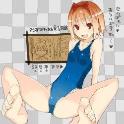 Rule 34 | 1boy, 1girl, aya (takayama toshinori), barefoot, character name, checkered background, chibi, chibi inset, closed eyes, feet, gradient hair, hairband, multicolored hair, one-piece swimsuit, original, partially translated, red eyes, school swimsuit, short hair, sitting, spread legs, sweatdrop, swimsuit, takayama toshinori, toe scrunch, toenails, toes, translation request