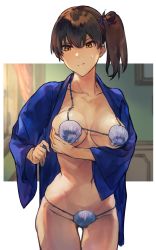 Rule 34 | 1girl, bikini, breasts, brown eyes, brown hair, cleavage, fukazaki, highres, kaga (kancolle), kantai collection, large breasts, navel, open mouth, picture frame, robe, shell, shell bikini, side ponytail, solo, swimsuit, wall, window