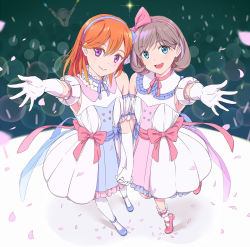 Rule 34 | 3girls, arashi chisato, bare shoulders, blue eyes, blue footwear, blue headband, closed mouth, commentary, detached sleeves, dress, gloves, headband, highres, holding hands, knee up, kuuyuu, light brown hair, looking at viewer, love live!, love live! superstar!!, medium hair, multiple girls, open mouth, orange hair, outstretched arm, petals, pink footwear, pink headband, puffy short sleeves, puffy sleeves, purple eyes, shibuya kanon, short hair, short sleeves, smile, tang keke, teeth, tiny stars, tiptoes, upper teeth only, white dress, white gloves, white legwear