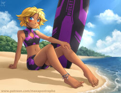 Rule 34 | 1girl, anklet, bare legs, bare shoulders, barefoot, beach, bikini, blonde hair, blue eyes, blue sky, blush, breasts, cloud, cloudy sky, collarbone, dark-skinned female, dark skin, earrings, english text, feet, fingernails, hand on own knee, jewelry, light rays, looking at viewer, looking to the side, maxa&#039;, messy hair, midriff, navel, ocean, patreon username, pearl earrings, sand, shadow, shell anklet, sitting, sky, small breasts, smile, solo, string anklet, string around ankle, surfboard, swimsuit, tan, tild - mage a louer, tild framith, toenails, toes, tomboy, watermark, web address, wiggling toes