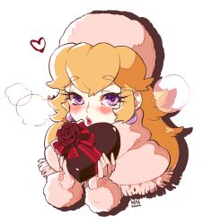 Rule 34 | 1girl, alternate costume, alternate eye color, artist name, blonde hair, blush, box, breath, cropped torso, earrings, eyelashes, fur gloves, fur hat, fur trim, gift, gift box, gloves, hat, heart, heart-shaped box, holding, holding box, holding gift, holding heart, incoming gift, jewelry, lips, long hair, looking at viewer, mario (series), mnx3e, nintendo, nose, pink lips, princess peach, puckered lips, purple eyes, red ribbon, ribbon, scarf, silhouette, simple background, solo, stitches, super mario bros. 1, thick eyebrows, upper body, valentine, white background, white gloves, white hat, white scarf, winter clothes