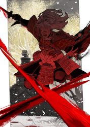 Rule 34 | 1boy, armor, beard, bloody finger okina, commentary, elden ring, erdtree (elden ring), facial hair, glowing, glowing eyes, highres, japanese armor, japanese clothes, katana, kero 1110, male focus, outdoors, red theme, sword, weapon