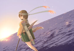 Rule 34 | 1girl, blue sky, bow (weapon), brown hair, cloud, day, feet out of frame, flight deck, green hakama, hakama, hakama short skirt, hakama skirt, headband, hiryuu (kancolle), hiryuu kai ni (kancolle), horizon, japanese clothes, kantai collection, looking back, ocean, one side up, outdoors, quiver, short hair, skirt, sky, solo, sunrise, tiger (tiger-kimu), weapon