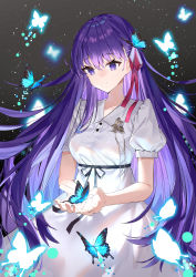 Rule 34 | 1girl, absurdres, black ribbon, blue bow, bow, breasts, buttons, closed mouth, collar, dress, fate/stay night, fate (series), highres, long dress, long hair, matou sakura, medium breasts, pink ribbon, purple eyes, purple hair, ribbon, short sleeves, simple background, white dress, yuia