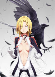 Rule 34 | 1girl, angry, biker clothes, bikesuit, bird, blonde hair, bodysuit, breasts, breasts apart, ckros-15, cleavage, crow, durarara!!, female focus, hair over one eye, highres, long hair, medium breasts, navel, open clothes, open mouth, open shirt, purple eyes, shirt, short hair, slit pupils, solo, standing, string, vorona, vorona douglanikov