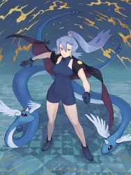 Rule 34 | 1girl, black cape, blue bodysuit, blue footwear, blue gloves, bodysuit, breasts, cape, clair (pokemon), clenched hand, closed mouth, commentary, creatures (company), dragonair, earrings, eyelashes, floating hair, full body, game freak, gen 1 pokemon, gloves, grey eyes, hair between eyes, highres, jewelry, knees, miyaulait, nintendo, pokemon, pokemon (creature), pokemon gsc, ponytail, shoes, smile, standing, symbol-only commentary