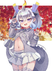 Rule 34 | 1girl, animal ears, blush, claw pose, collared shirt, cowboy shot, dragon ears, dragon girl, dragon horns, dragon tail, extra ears, fingerless gloves, garter straps, gloves, grey gloves, grey hair, grey shirt, highres, horns, kemono friends, kolshica, long sleeves, midriff, navel, open clothes, open mouth, open shirt, pleated skirt, purple eyes, scales, shirt, short hair, short twintails, skirt, smile, solo, tail, thighhighs, twintails, white dragon (kemono friends), white hair, white skirt, white thighhighs, zettai ryouiki