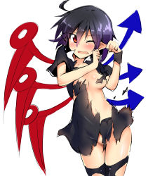 Rule 34 | 1girl, ahoge, asymmetrical wings, black hair, black thighhighs, blush, breasts, chipa (arutana), dress, highres, houjuu nue, open mouth, pointy ears, red eyes, short hair, simple background, solo, thighhighs, torn clothes, torn thighhighs, touhou, white background, wince, wings, wristband
