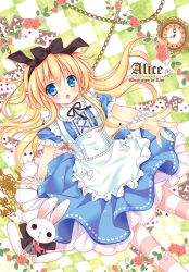 Rule 34 | 1girl, :o, ace (playing card), ace of hearts, alice (alice in wonderland), alice in wonderland, animal, apron, arm support, artist name, black bow, black hairband, black ribbon, blonde hair, blue eyes, blue shirt, blue skirt, blush, bow, card, character name, checkered background, clock, clothed animal, club (shape), commentary request, diamond (shape), flower, frilled apron, frilled sleeves, frills, hair between eyes, hair bow, hairband, heart, leaning back, long hair, looking at viewer, maid apron, original, outstretched arm, pantyhose, parted lips, playing card, puffy short sleeves, puffy sleeves, rabbit, reaching, reaching towards viewer, ribbon, rico (pico-ba), rose, shirt, short sleeves, skirt, spade (shape), striped clothes, striped pantyhose, very long hair, white apron, white bow, white rabbit (alice in wonderland), wrist cuffs