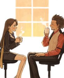 Rule 34 | 1boy, 1girl, ace attorney, beard, black jacket, blush, breasts, brown hair, chair, cleavage, collared shirt, cup, diego armando, earrings, facial hair, formal, from side, holding, holding cup, jacket, jewelry, long hair, long sleeves, looking at another, magatama, medium breasts, mia fey, mole, mole under mouth, mug, necklace, necktie, on chair, pants, pencil skirt, phoenix wright: ace attorney - trials and tribulations, red shirt, renshu usodayo, scarf, shirt, short hair, sitting, skirt, skirt suit, smile, steam, suit, sweatdrop, table, vest, yellow scarf