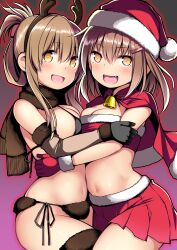 Rule 34 | 2girls, absurdres, antlers, bell, black gloves, blush, breasts, brown eyes, brown hair, brown scarf, capelet, cleavage, fangs, folded ponytail, fringe trim, fur-trimmed gloves, fur-trimmed skirt, fur trim, gloves, hair between eyes, hair ornament, hairclip, hat, highres, horns, ikazuchi (kancolle), inazuma (kancolle), kantai collection, kuromayu, long hair, looking at viewer, medium breasts, multiple girls, navel, open mouth, pleated skirt, pom pom (clothes), red capelet, red gloves, red headwear, red skirt, reindeer antlers, santa costume, santa hat, scarf, short hair, sidelocks, skirt, smile
