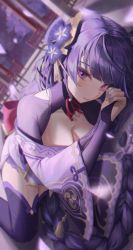 Rule 34 | 1girl, absurdres, back bow, black thighhighs, blurry, blurry foreground, bow, braid, breasts, bridal gauntlets, cleavage, collarbone, depth of field, dutch angle, feet out of frame, genshin impact, hair ornament, highres, japanese clothes, kimono, kongsi, large bow, large breasts, light blush, light particles, long hair, looking at viewer, low-braided long hair, low-tied long hair, lying, mole, mole under eye, nail polish, neck ribbon, off shoulder, on side, outdoors, parted hair, parted lips, purple eyes, purple hair, purple kimono, purple nails, raiden shogun, red bow, red ribbon, ribbon, shadow, solo, thighhighs, very long hair, wide sleeves