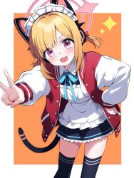 1girl animal_ear_headphones animal_ears apron black_skirt black_thighhighs blonde_hair blue_archive blue_bow blue_bowtie blush bow bowtie buta_(dhakaoat) cat_ear_headphones cat_tail fake_animal_ears frilled_apron frilled_skirt frills halo hand_on_own_hip headphones highres jacket long_sleeves looking_at_viewer maid maid_apron maid_headdress momoi_(blue_archive) momoi_(maid)_(blue_archive) open_mouth orange_background outstretched_arm pink_eyes pink_halo short_hair short_twintails simple_background skirt smile solo standing star_(symbol) tail thighhighs twintails v v-shaped_eyebrows