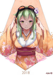 Rule 34 | 1girl, adjusting headphones, blush, floral print, goggles, goggles on head, green eyes, green hair, grin, gumi, headphones, japanese clothes, kimono, new year, orange kimono, short hair with long locks, smile, solo, upper body, vocaloid