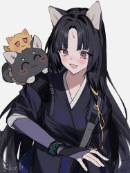 Rule 34 | 1girl, :3, :d, ^ ^, animal, animal ears, animal on shoulder, animalization, aogisa, arknights, black bracelet, black hair, blush, closed eyes, commission, dog ears, elbow gloves, closed eyes, facial mark, fingerless gloves, forehead mark, gloves, highres, infection monitor (arknights), jitome, long hair, open mouth, purple eyes, purple gloves, purple shirt, red eyes, saga (arknights), shirt, simple background, skeb commission, smile, solo, stacking, upper body, white background
