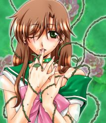 Rule 34 | 1girl, alternate hairstyle, bishoujo senshi sailor moon, blush, bow, brown hair, choker, earrings, finger in own mouth, fingernails, floral background, flower, green eyes, hair down, jewelry, kino makoto, leaf, looking at viewer, off shoulder, one eye closed, parted lips, pink bow, pink flower, pink rose, plant, rose, sailor collar, sailor jupiter, solo, stud earrings, super sailor jupiter, sweat, takano saku, upper body, vines