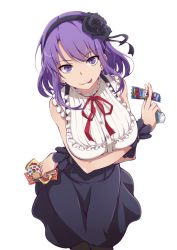 Rule 34 | 10s, 1girl, :q, bare shoulders, between fingers, black flower, black legwear, black rose, breast hold, breasts, dagashi kashi, flower, food, frills, hair flower, hair ornament, hairband, holding, large breasts, looking at viewer, masabodo, meme attire, purple eyes, purple hair, ribbon, ringed eyes, rose, shidare hotaru, short hair, skirt, smile, solo, sweets, tongue, tongue out, virgin killer outfit, white background