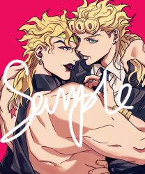 Rule 34 | 2boys, after kiss, alternate costume, back, birthmark, black lips, black nails, blue eyes, blue necktie, bracelet, commentary, dio brando, earrings, fangs, father and son, fingernails, formal, giorno giovanna, headband, highres, incest, jacket, jewelry, joestar birthmark, jojo no kimyou na bouken, lipstick, lipstick mark, long hair, looking at viewer, makeup, male focus, multiple boys, muscular, muscular male, necktie, necktie grab, neckwear grab, red background, red eyes, shenshan laolin, shirt, short hair, simple background, size difference, smeared lipstick, symbol-only commentary, tongue, vento aureo, white shirt, yaoi