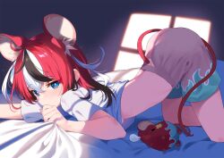 Rule 34 | 1girl, animal ear fluff, animal ears, bed sheet, black hair, blue eyes, blush, breasts, commentary, covered mouth, crop top, english commentary, grey shorts, hair between eyes, hakos baelz, highres, hololive, hololive english, kutata, medium breasts, mouse ears, mouse girl, mouse tail, mr. squeaks (hakos baelz), multicolored hair, red hair, sheet grab, shirt, shorts, solo, tail, top-down bottom-up, two-tone hair, underboob, virtual youtuber, white hair, white shirt
