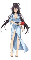 Rule 34 | 10s, 1girl, ball, barefoot, belt, bikini, black hair, bracelet, breasts, cleavage, collarbone, eyebrows, closed eyes, front-tie bikini top, front-tie top, full body, hair between eyes, hair ribbon, hand on own hip, highres, infinite stratos, jewelry, long hair, looking at viewer, medium breasts, navel, paddle, ponytail, purple eyes, ribbon, shinonono houki, smile, solo, swimsuit, table tennis paddle, transparent background, white ribbon