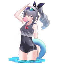 Rule 34 | 1girl, absurdres, black one-piece swimsuit, blowing bubbles, chewing gum, collarbone, covered navel, drill hair, drill ponytail, goggles, goggles on head, grey eyes, grey hair, hand on own head, highres, honkai: star rail, honkai (series), long hair, looking at viewer, one-piece swimsuit, quintincy, see-through, see-through shirt, short sleeves, silver wolf (honkai: star rail), solo, swimsuit, wading, water, wet