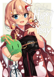 Rule 34 | 1girl, :d, bell, beritabo, blue eyes, blush, brown hair, chinese zodiac, commentary request, dated, fang, floral print, flower, grey background, hair bell, hair flower, hair ornament, hair ribbon, hairclip, happy new year, highres, japanese clothes, jingle bell, kimono, long hair, long sleeves, looking at viewer, nengajou, new year, obi, open mouth, orange flower, original, pink flower, print kimono, red flower, red kimono, red ribbon, ribbon, sash, signature, smile, solo, thick eyebrows, two-tone background, typo, white background, white flower, wide sleeves, year of the dragon