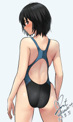 Rule 34 | 1girl, amagami, black hair, black one-piece swimsuit, brown eyes, competition swimsuit, dated, from behind, highleg, highleg swimsuit, highres, looking at viewer, nanasaki ai, one-piece swimsuit, short hair, signature, simple background, solo, standing, swimsuit, twitter username, two-tone swimsuit, white background, yoo tenchi