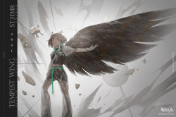 Rule 34 | 1girl, arknights, belt, bob cut, brown hair, cloak, drone, dust cloud, explosion, feather hair, feathered wings, feathers, glasses, glowing, glowing eyes, gradient background, highres, looking at viewer, midriff, outstretched arm, red eyes, road sign, shorts, sign, silence (arknights), single wing, translucent, wings, zzz (orchid-dale)