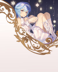 Rule 34 | 1girl, absurdres, alternate costume, blue hair, breasts, closed mouth, cross-laced footwear, crossed arms, detached sleeves, dress, eula (genshin impact), frilled sleeves, frills, genshin impact, hairband, highres, knees up, legs together, looking at viewer, medium breasts, medium hair, multicolored eyes, night, night sky, oriori 0201, rainbow eyes, see-through, see-through sleeves, sidelocks, sky, sleeveless, sleeveless dress, solo, star (sky), star ornament, strapless, strapless dress, two-tone background, white background, white dress, white footwear, white hairband