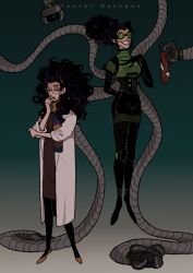 Rule 34 | 1girl, bodysuit, character name, curly hair, doctor octopus, english text, full body, goggles, green eyes, grin, highres, juanmao, lab coat, marvel, mechanical tentacles, multiple views, olivia octavius, scarf, smile, solo, spider-man: into the spider-verse, spider-man (series), spider-verse, tentacles, yellow footwear
