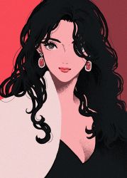 Rule 34 | 1girl, black hair, breasts, bright pupils, brown eyes, cleavage, curly hair, earrings, highres, jewelry, limited palette, long hair, minillustration, original, red background, shadow, smile, solo, two-tone background, upper body, white pupils