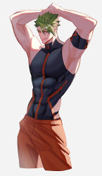 Rule 34 | 1boy, abs, absurdres, achilles (fate), armpits, arms up, black shirt, brown eyes, cropped legs, detached sleeves, fate/grand order, fate (series), grey hair, grin, haruakira, highres, looking at viewer, male focus, mature male, muscular, muscular male, orange pants, pants, shirt, simple background, single detached sleeve, sleeveless, sleeveless shirt, smile, solo, undercut, white background