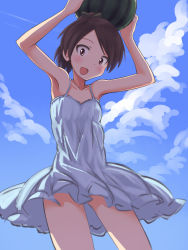 Rule 34 | 10s, 1girl, :d, a9b (louis814), alternate costume, arms up, bare legs, bare shoulders, blue sky, blush, brown eyes, brown hair, cloud, collarbone, cowboy shot, day, dress, food, fruit, hair ornament, high ponytail, highres, kantai collection, looking at viewer, open mouth, shikinami (kancolle), sky, smile, solo, sundress, watermelon