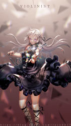 Rule 34 | 1girl, absurdres, bad id, bad pixiv id, black dress, bow (music), dress, grey hair, highres, instrument, lace, looking at viewer, original, purple eyes, solo, violin, y.i. (lave2217)