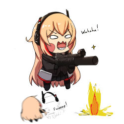 Rule 34 | 0w0, 1girl, :3, artist name, black gloves, black jacket, blonde hair, blush stickers, chibi, commission, exonessis, explosion, girls&#039; frontline, gloves, gun, hair between eyes, headgear, highres, holding, holding gun, holding weapon, jacket, long hair, long sleeves, m4 sopmod ii jr, motion lines, multicolored hair, multiple views, recoil, red hair, simple background, smile, standing, star (symbol), streaked hair, weapon, white background
